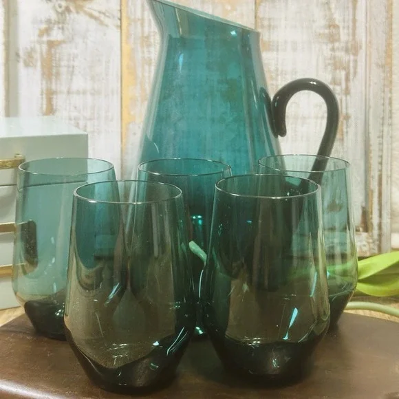 Kaj Franck Finland Teal Blue Glass Pitcher Nuutajarvi Iittala